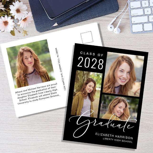 Modern 4 Photo Black Graduation Announcement Postcard (An elegant photo collage graduation announcement postcard to celebrate the graduate's achievements)