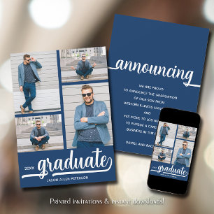 Modern 4 Photo Blue Graduation Announcement