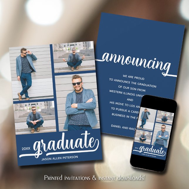Modern 4 Photo Blue Graduation Announcement (Modern 4 photo collage blue graduation announcements)