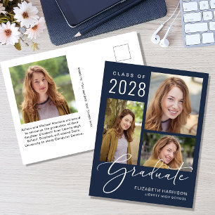 Modern 4 Photo Blue Graduation Announcement Postcard