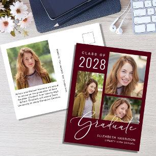 Modern 4 Photo Burgundy Red Graduation Announcement Postcard