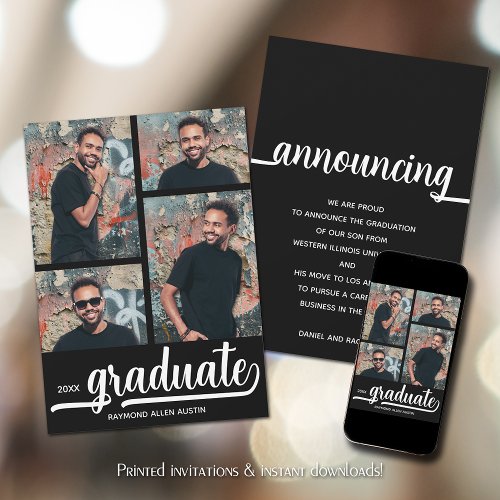 Modern 4 Photo Collage Black Graduation Announcement