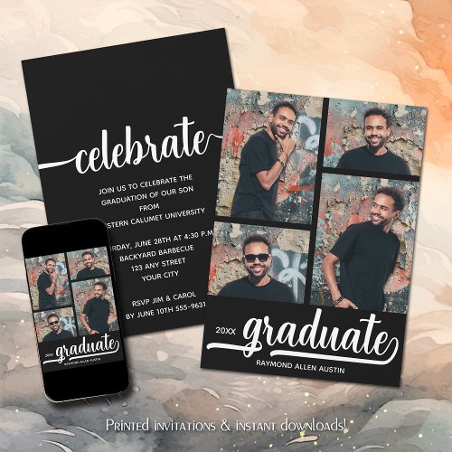 Modern 4 Photo Collage Black Graduation Invitation