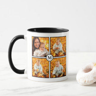 Modern 4 Photo Collage Black Monogram Mug