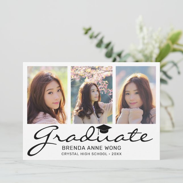 Modern 4 Photo Collage Black Script Graduation Announcement (Standing Front)