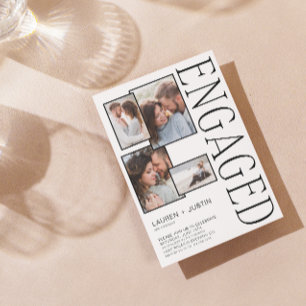 Modern 4 Photo Collage Black White Engagement Announcement
