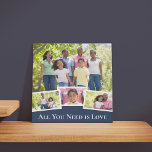 Modern 4 Photo Collage Blue and White Square Faux Canvas Print<br><div class="desc">Design your own photo collage for this trendy square canvas. You can add four of your favorite family photos or pictures of your wedding, pets etc. This multi photo design is automatically created as you add your pictures and has a main photo, slightly overlapped with 3 smaller photos. The wording...</div>