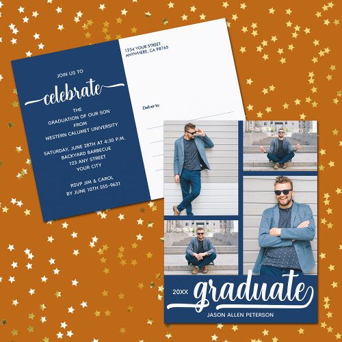 Modern 4 Photo Collage Blue Graduate Invitation Postcard