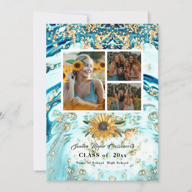 Modern 4 Photo Collage Blue  Sunflower graduation  Announcement (Front)