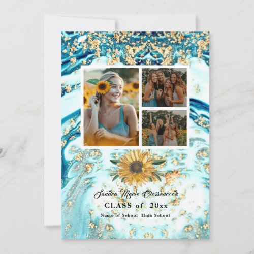 Modern 4 Photo Collage Blue  Sunflower graduation  Announcement