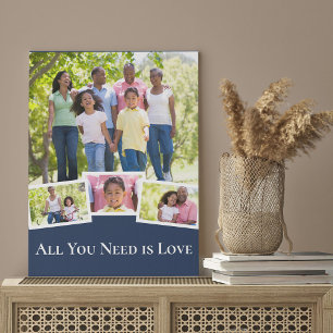 Modern 4 Photo Collage Blue with White Typography Faux Canvas Print