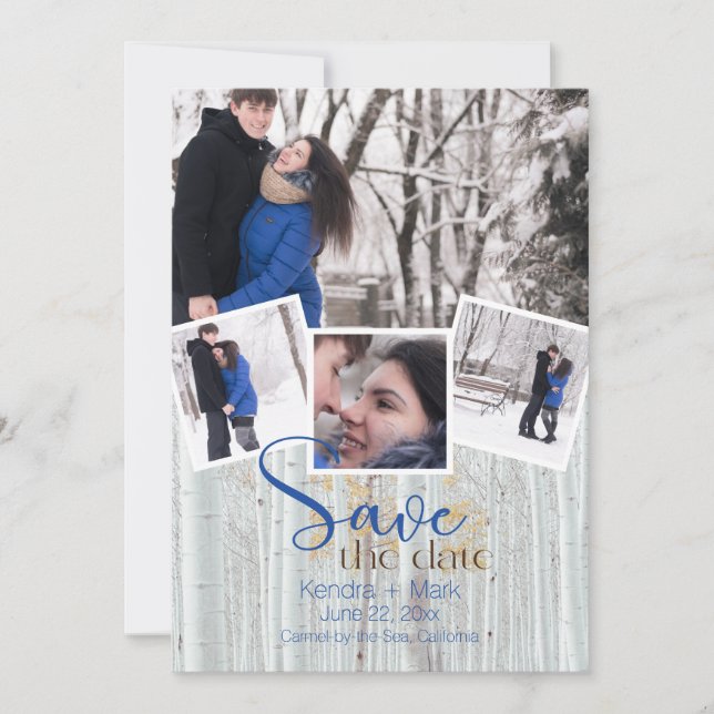 Modern 4 Photo Collage Cobalt Birch  Save the Date Invitation (Front)