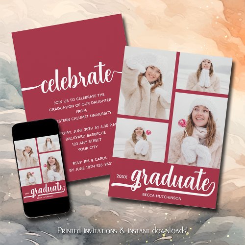 Modern 4 Photo Collage Crimson Red Graduation Invitation