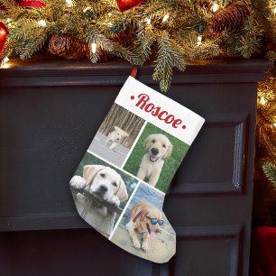 Modern 4 Photo Collage Cute Red Script Pet Name Small Christmas Stocking