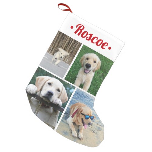 Modern 4 Photo Collage Cute Red Script Pet Name Small Christmas Stocking