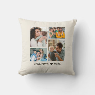 Modern 4 Photo Collage Family Name Keepsake Cream Throw Pillow