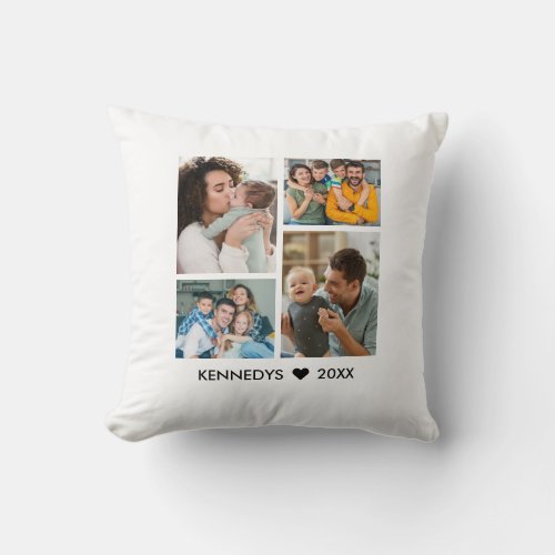 Modern 4 Photo Collage Family Name Keepsake White Throw Pillow