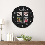 Modern 4 Photo Collage Family Name Quote Black Round Clock<br><div class="desc">Create your own photo collage wall clock with 4 of your favorite pictures. The photo clock helps you treasure your special moments and also makes a thoughtful gift for parents, grandparents and friends. The personalized wall clock with photos makes it a perfect gift for all occasions. Personalize with family name...</div>