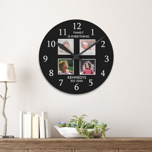 Modern 4 Photo Collage Family Name Quote Black Round Clock