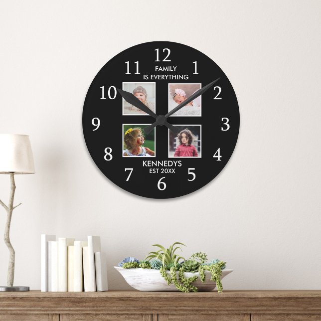 Modern 4 Photo Collage Family Name Quote Black Round Clock (Modern 4 Photo Collage Family Name Quote Black Round Clock
)