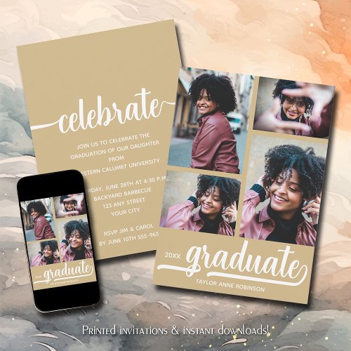 Modern 4 Photo Collage Gold Graduation Invitation