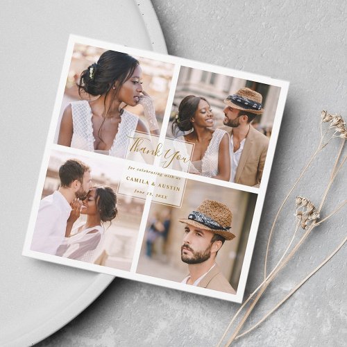 Modern 4 Photo Collage Gold Wedding Square Thank You Card