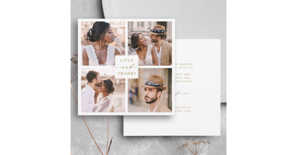 Modern 4 Photo Collage Gold Wedding Square Thank You Card | Zazzle