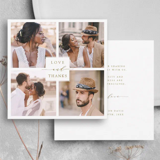 Modern 4 Photo Collage Gold Wedding Square Thank You Card | Zazzle