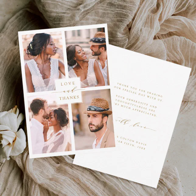 Modern 4 Photo Collage Gold Wedding Thank You Card | Zazzle