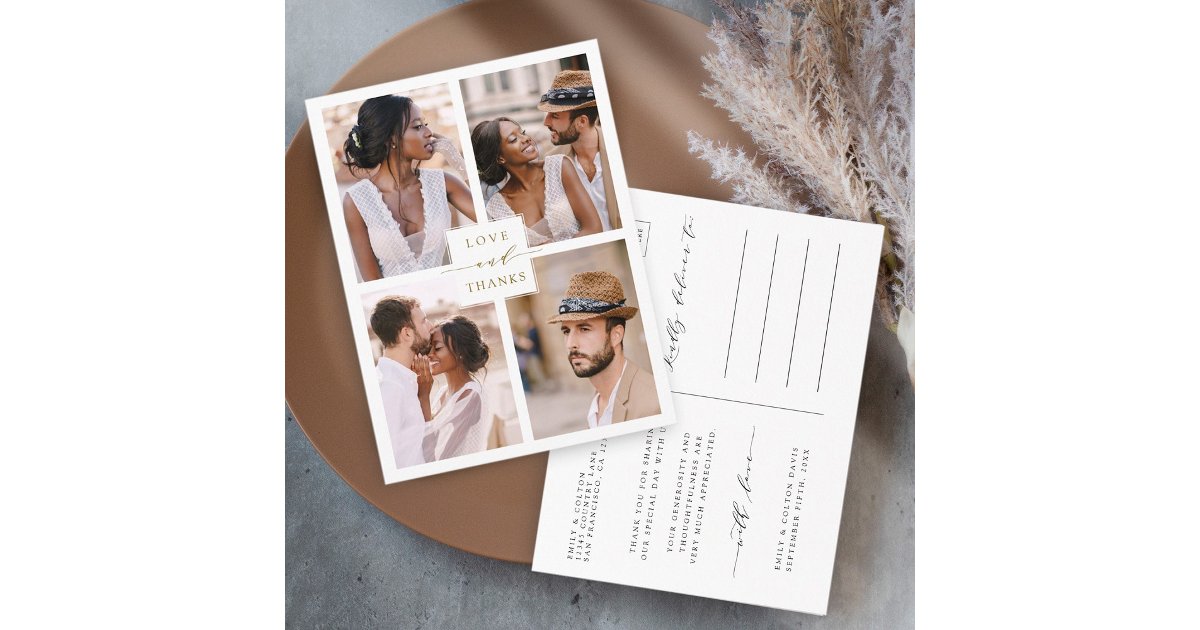 Modern 4 Photo Collage Gold Wedding Thank You Postcard | Zazzle