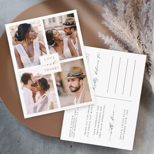 Modern 4 Photo Collage Gold Wedding Thank You Postcard | Zazzle