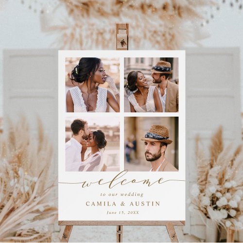 Modern 4 Photo Collage Gold Wedding Welcome Sign