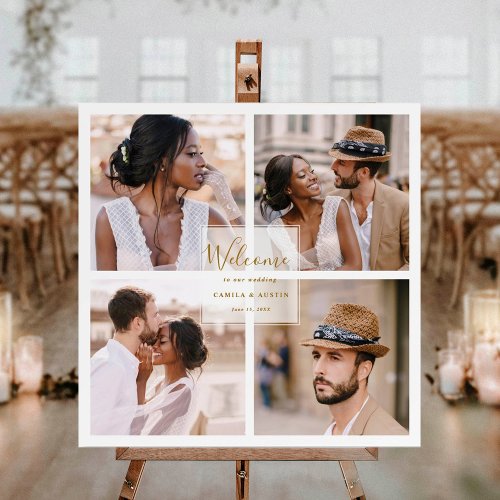 Modern 4 Photo Collage Gold Wedding Welcome Square Foam Board
