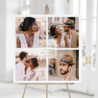 Modern 4 Photo Collage Gold Wedding Welcome Square
