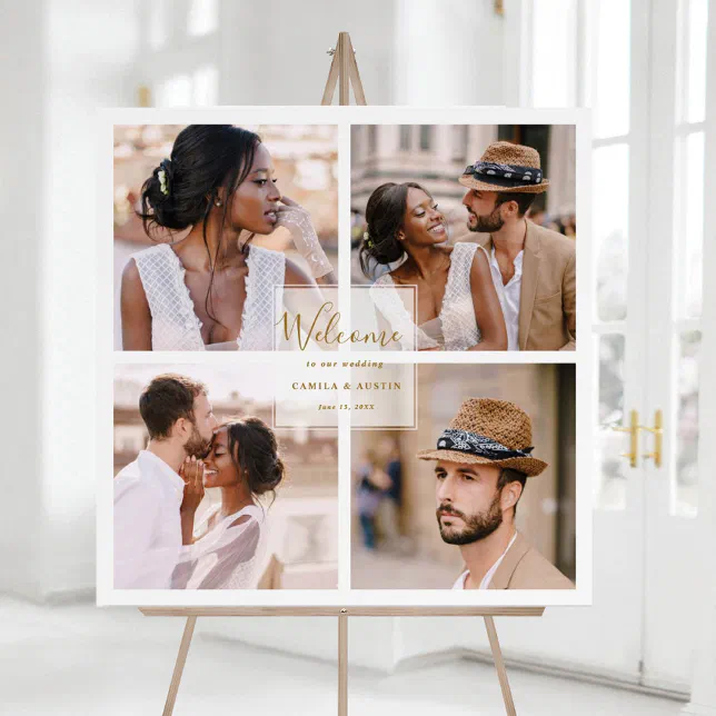 Modern 4 Photo Collage Gold Wedding Welcome Square Poster | Zazzle