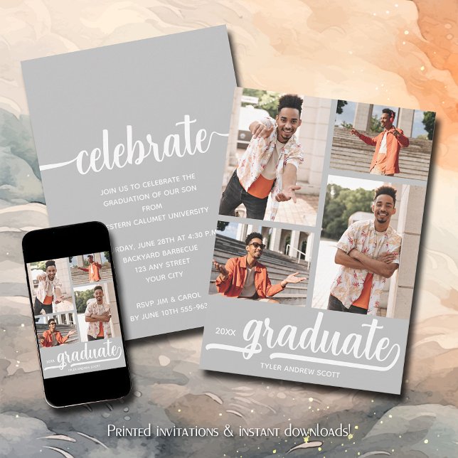 Modern 4 Photo Collage Gray Graduation Invitation (Modern 4 photo collage silver graduation party invitations)