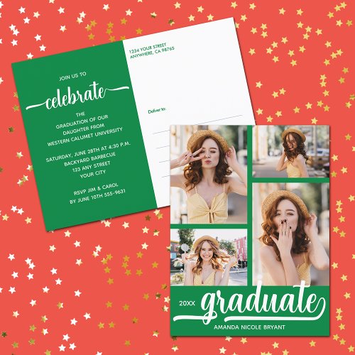 Modern 4 Photo Collage Green Graduate Invitation Postcard