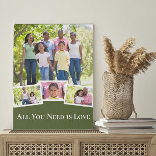 Modern 4 Photo Collage Green with White Typography Faux Canvas Print