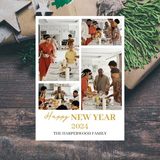 Modern 4 Photo Collage Happy New Year Holiday Card (Creator Uploaded)