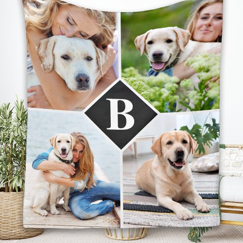 Modern 4 Photo Collage Monogram Pet Dog Lover Fleece Blanket