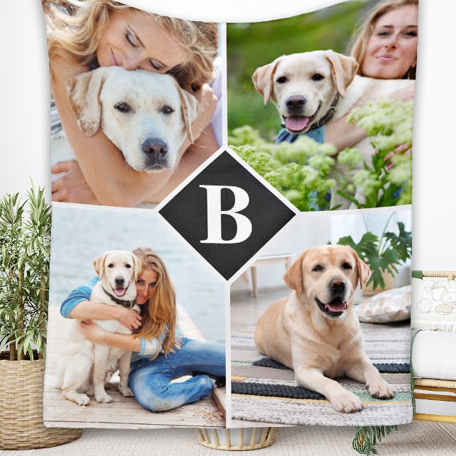 Modern 4 Photo Collage Monogram Pet Dog Lover Fleece Blanket (Creator Uploaded)