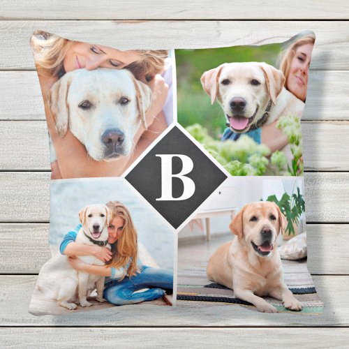 Modern 4 Photo Collage Monogram Pet Dog Lover Throw Pillow