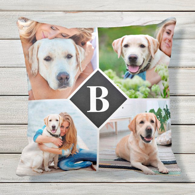 Modern 4 Photo Collage Monogram Pet Dog Lover Throw Pillow (Creator Uploaded)