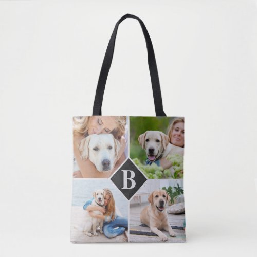 Modern 4 Photo Collage Monogram Pet Dog Lover Tote Bag