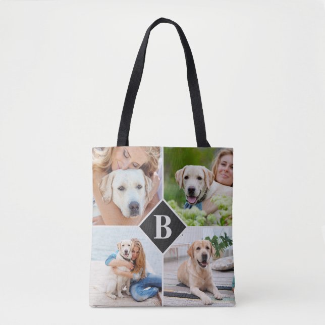 Modern 4 Photo Collage Monogram Pet Dog Lover Tote Bag (Front)