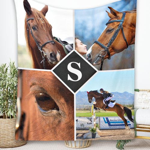Modern 4 Photo Collage Monogram Pet Horse Lover Fleece Blanket