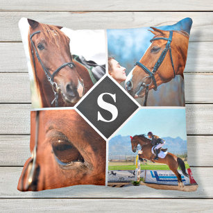 Modern 4 Photo Collage Monogram Pet Horse Lover Throw Pillow