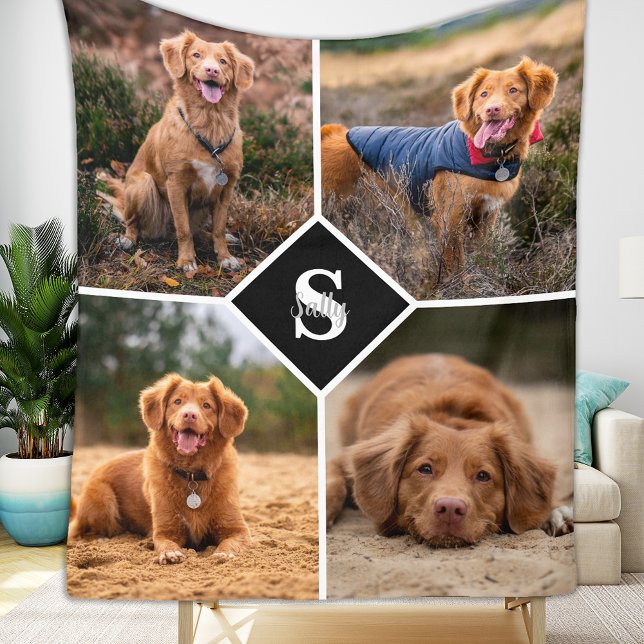 Modern 4 Photo Collage Personalized Pet Dog Fleece Blanket (Creator Uploaded)