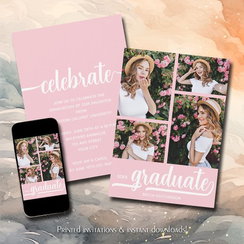 Modern 4 Photo Collage Pink Graduation Invitation