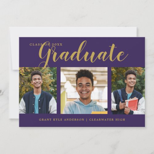 Modern 4 Photo Collage Purple Gold Graduation Announcement